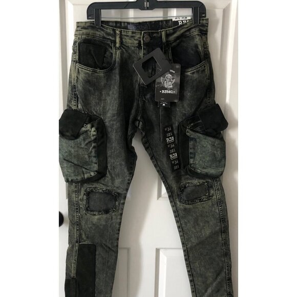 Men's R3BEL Skinny Jeans Denim Fashion Cargo Pockets Size 34/ 32L - Picture 2 of 9